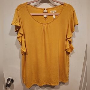 Matilda Jane Women's Bocce Ball Mustard Yellow Lace Accent Flutter Sleeve Top L